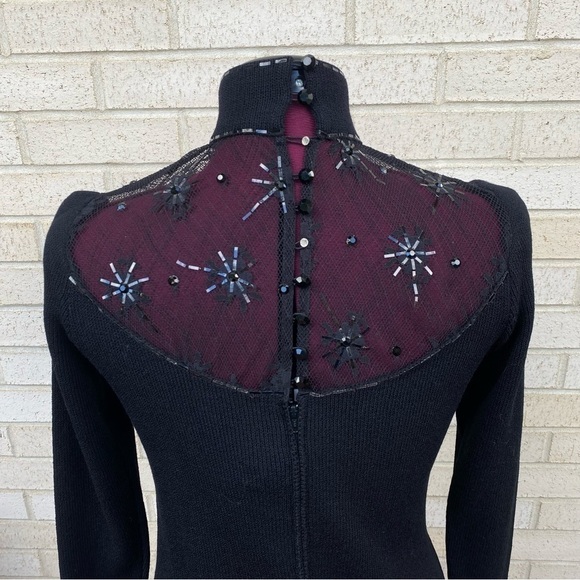 St. John Vintage Black Dress Size 2 Illusion Sparkly Snowflake Mock Turtleneck - Picture 6 of 17